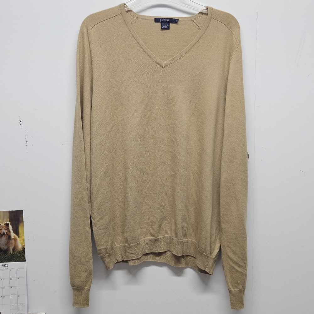 J. Crew Pullover V-Neck Sweater Mens Size XL Tan Wool Cotton Preppy Classic